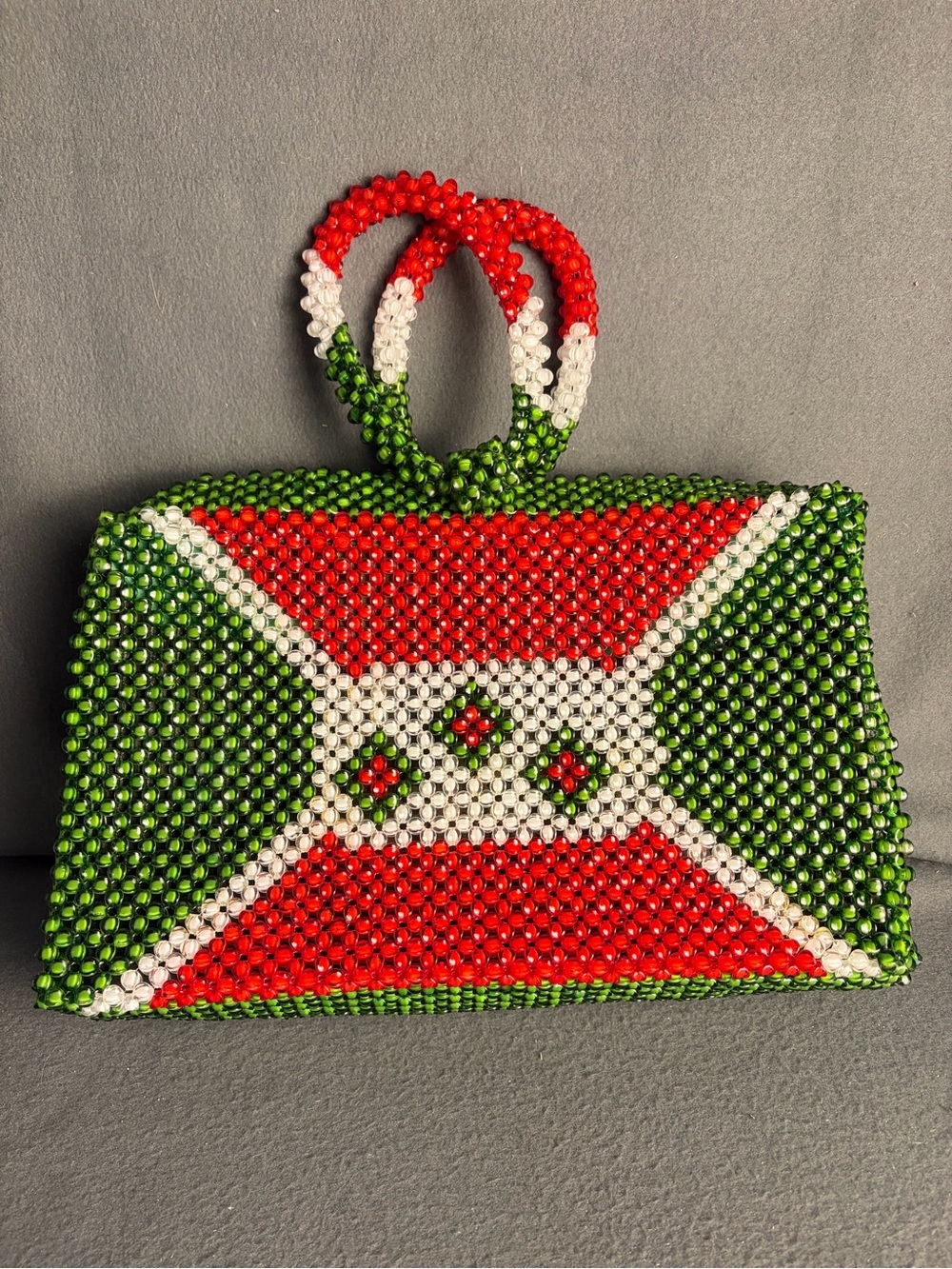 Handmade Beaded Handbag Burundi Flag Purse Green Red White Zippered Large 14.5"